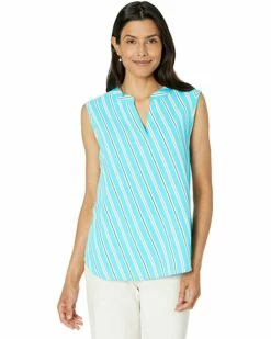 Promo ✔️ Anne Klein Shirts & Tops Women Bias Stripe Sleeveless Split-Neck Blouse 🔔