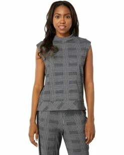 Best Sale ❤️ Anne Klein Shirts & Tops Women Mock Neck Vest Plaid & Serenity Knit 🧨